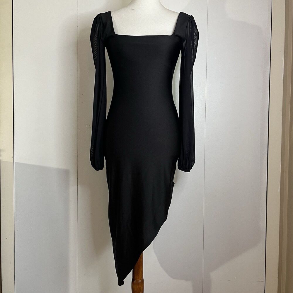 Windsor Black Bodycon Midi Dress M Square Neck Sheer Sleeves Asymmetrical Hem